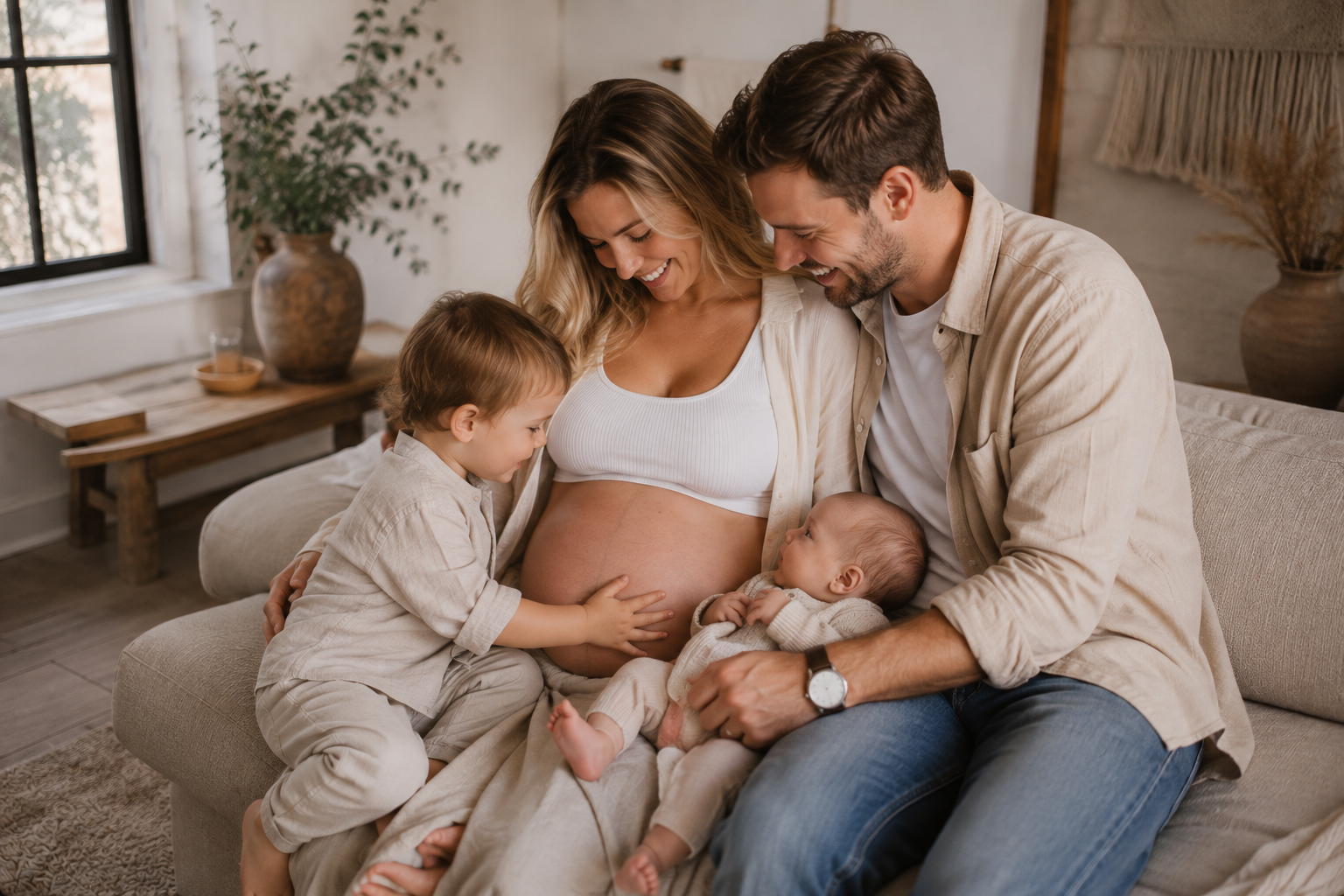 Familie mit zwei Kindern in liebevoller gemeinsamer Zeit